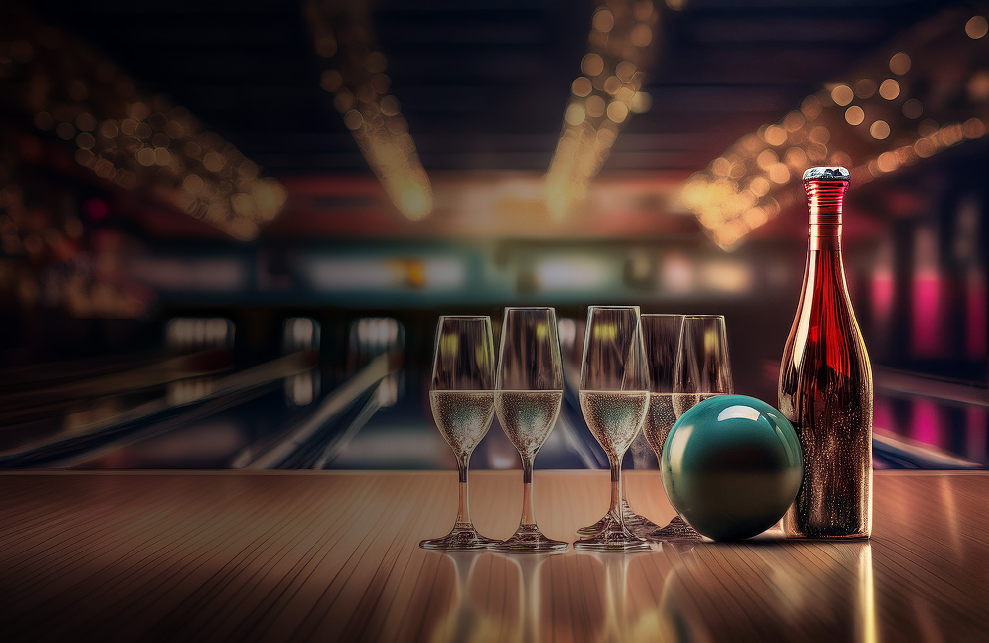 bowling lanes with champagne and bowling ball